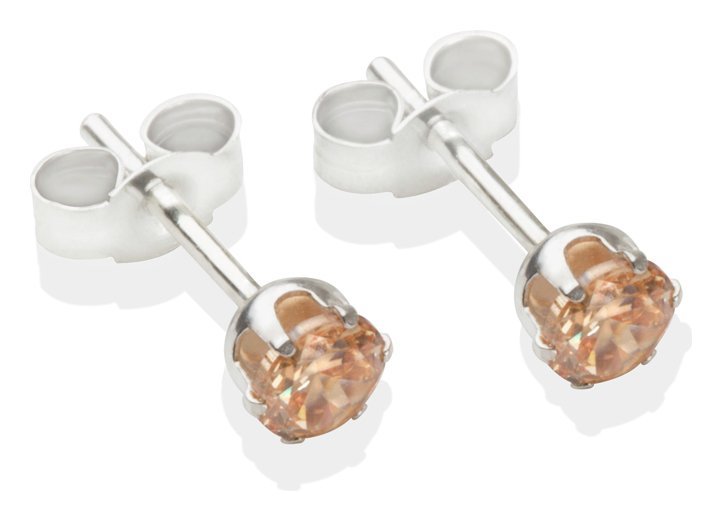 Sterling Silver Champagne Cubic Zirconia Stud Earrings - 4mm
