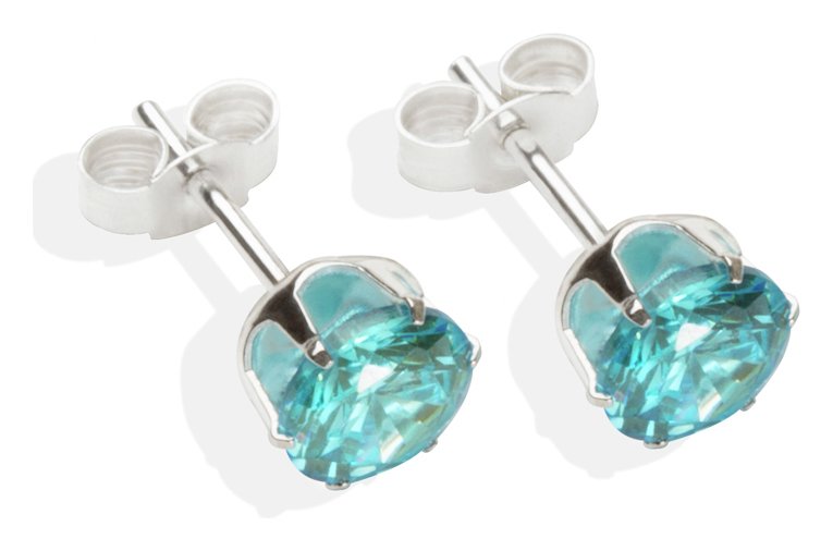 Sterling Silver Aqua Cubic Zirconia Stud Earrings - 6mm.