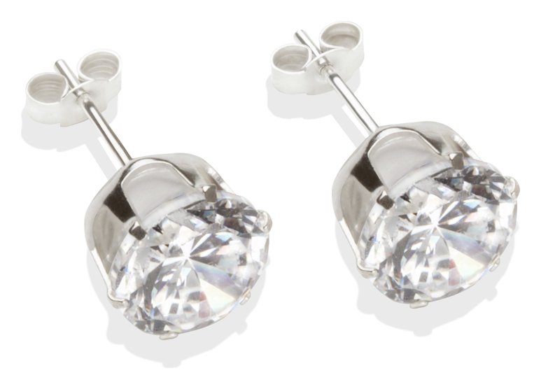 Sterling Silver White Cubic Zirconia Stud Earrings - 8mm.