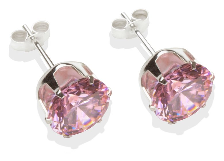 Sterling Silver Pink Cubic Zirconia Stud Earrings - 8mm.