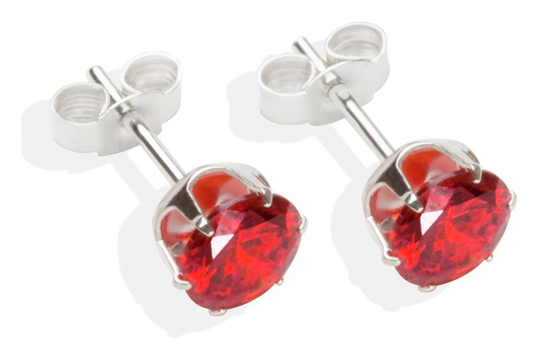 Sterling Silver Red Cubic Zirconia Stud Earrings - 6mm.