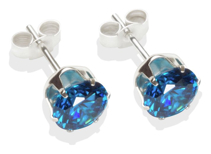 Sterling Silver Dark Blue Cubic Zirconia Stud Earrings - 7mm