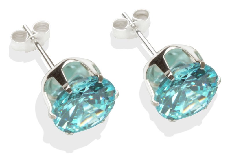 Sterling Silver Aqua Cubic Zirconia Stud Earrings - 8mm.