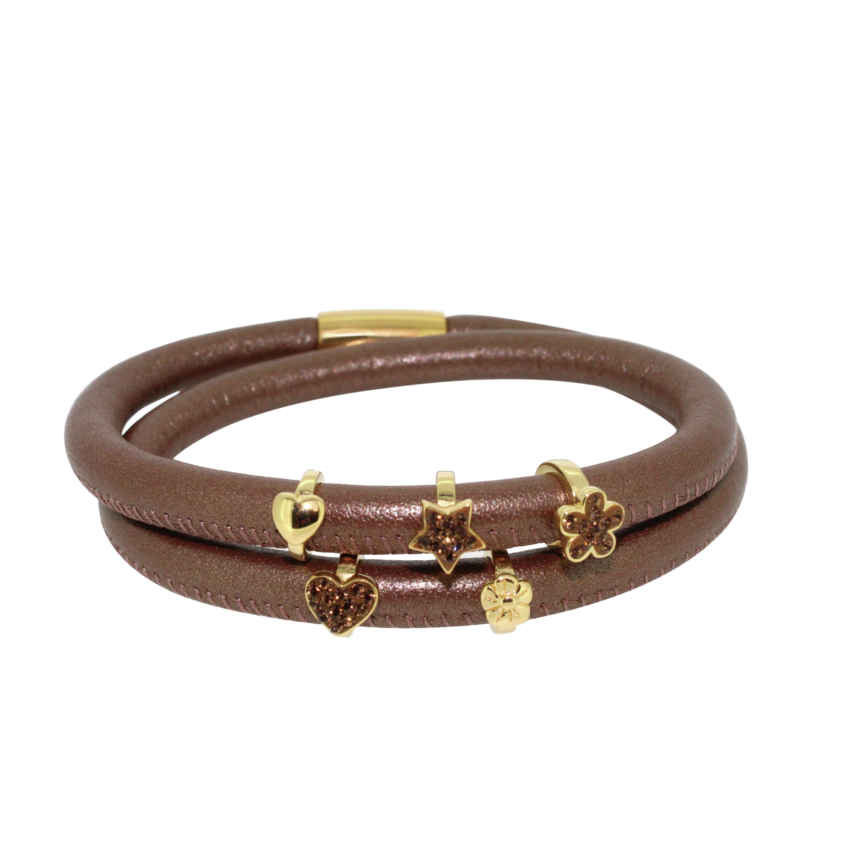 Link Up 2 Row Brown Leather Charm Bracelet