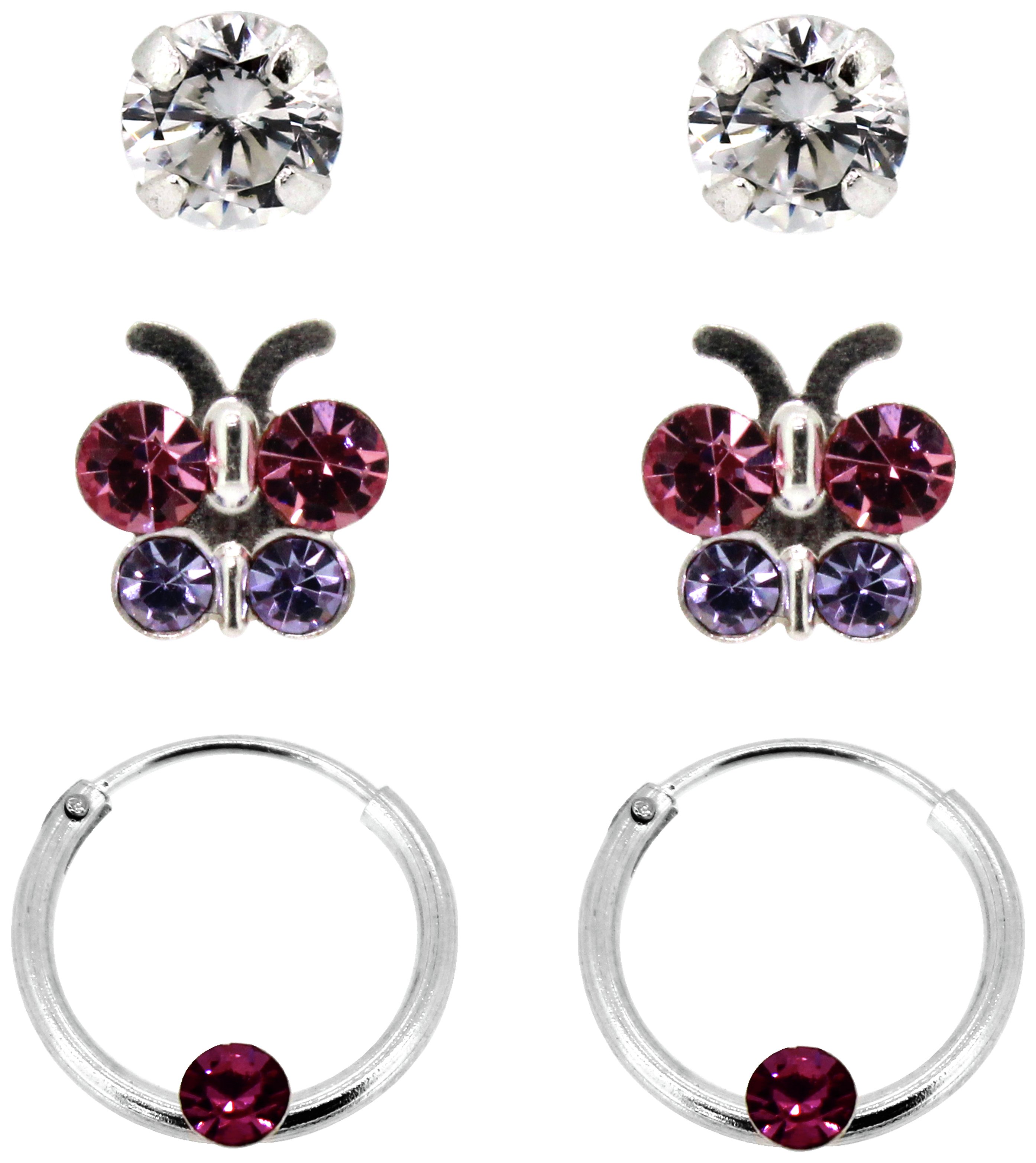 Miss Glitter Silver Butterfly Hoop & Round Studs - Set of 3