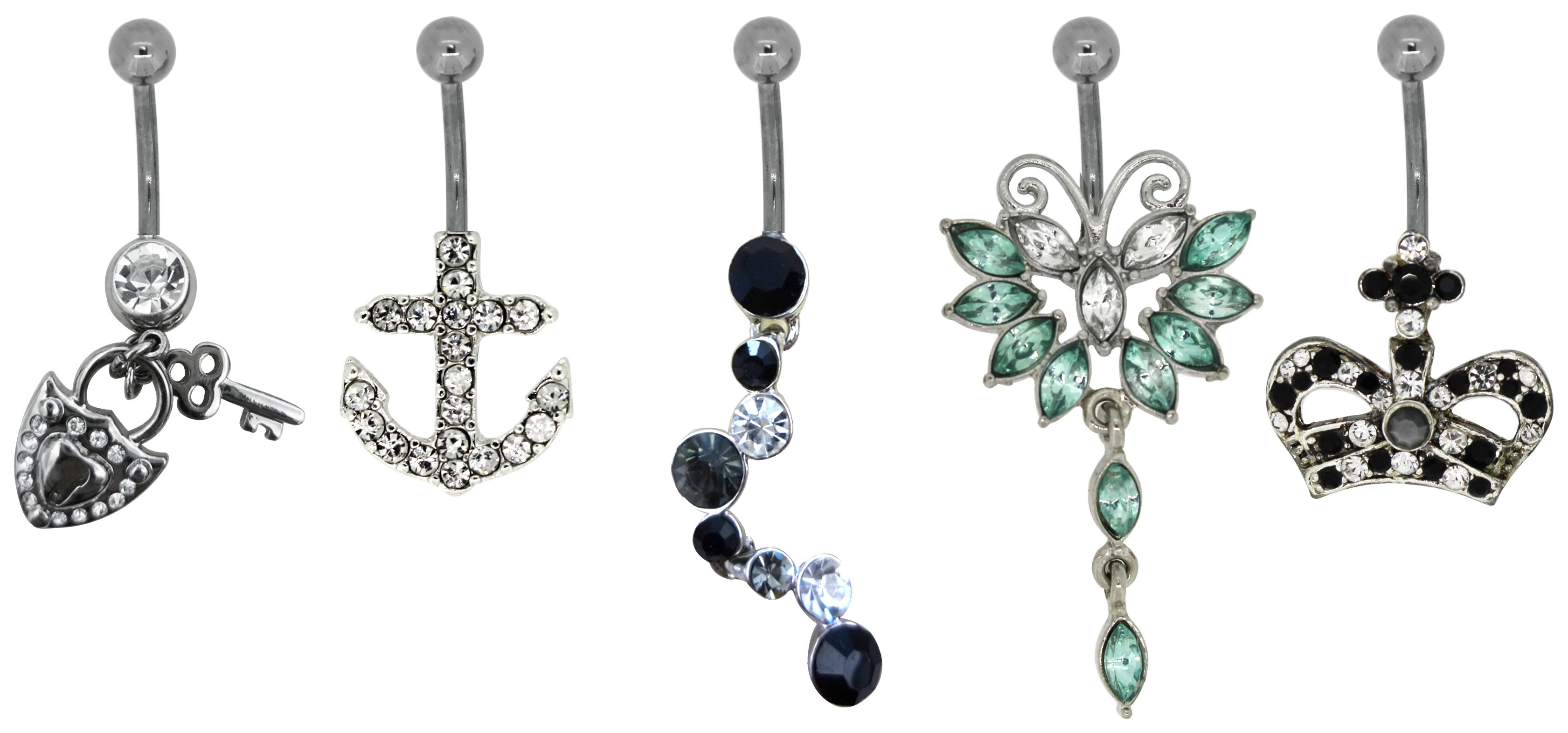 Metal Crown and Anchor Belly Bars - Set of 5.