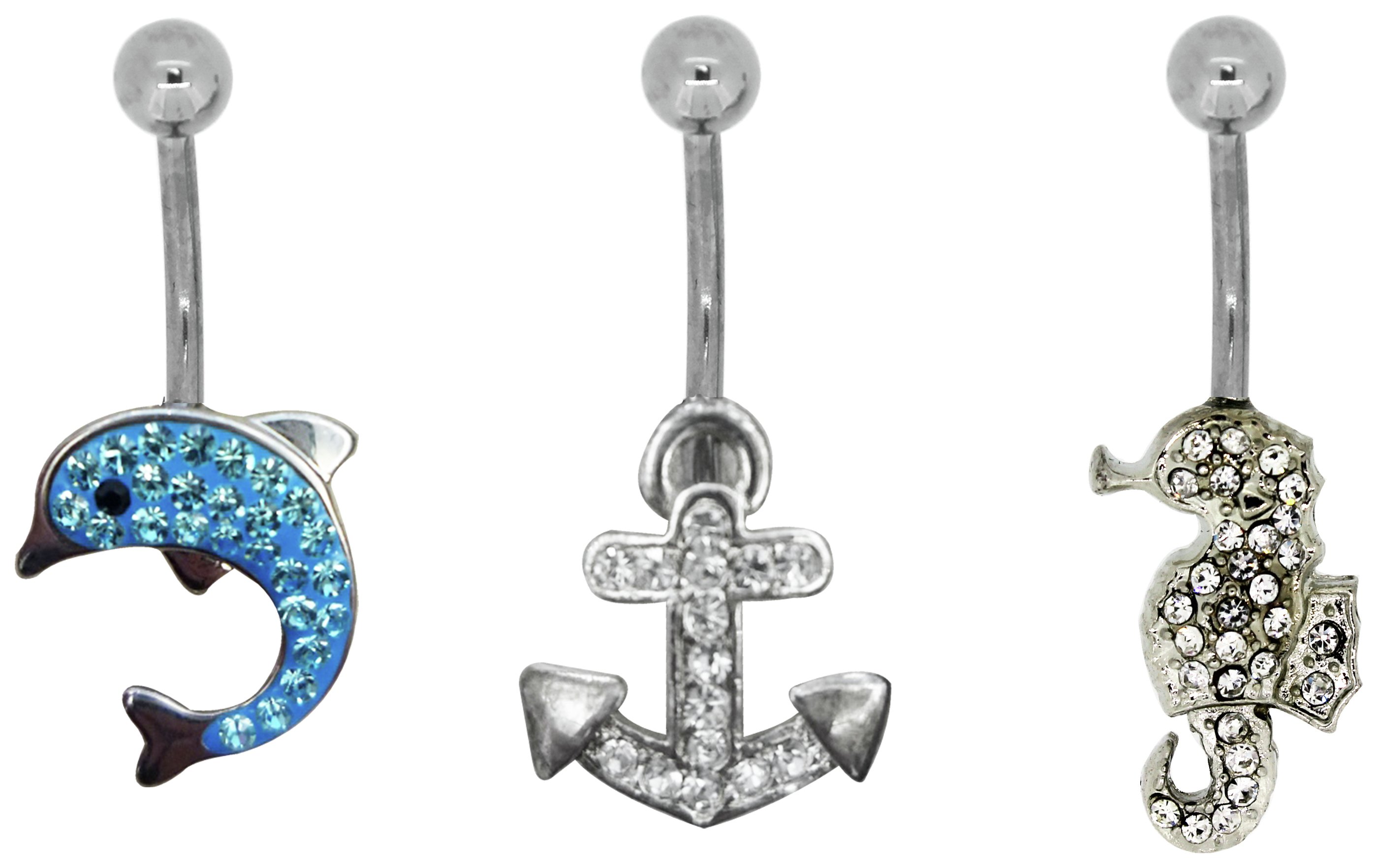 Link Up S.Steel Dolphin, Anchor, Seahorse Crystal Belly Bars