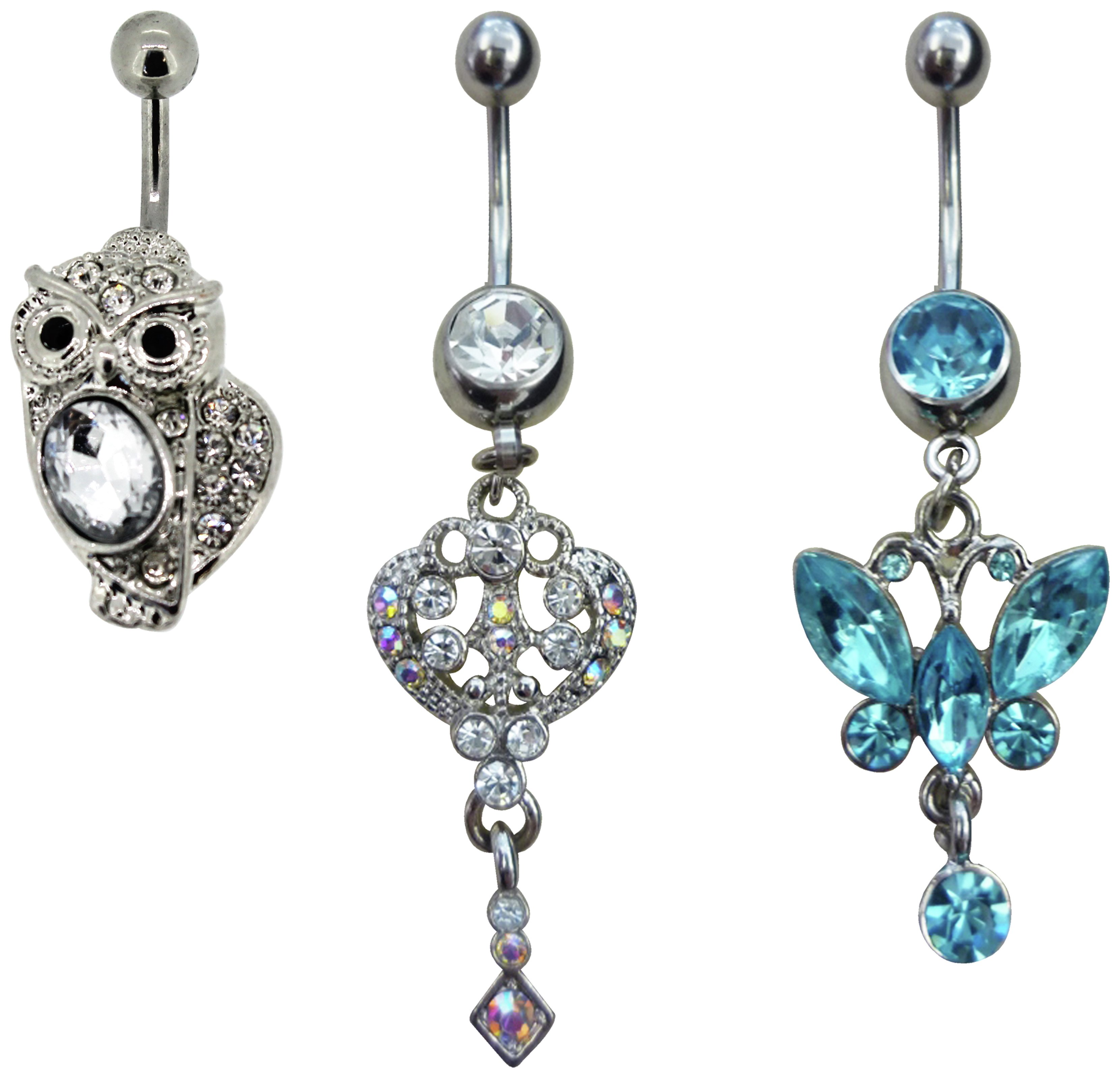 Link Up S.Steel Owl, Butterfly, Key Crystal Belly Bars