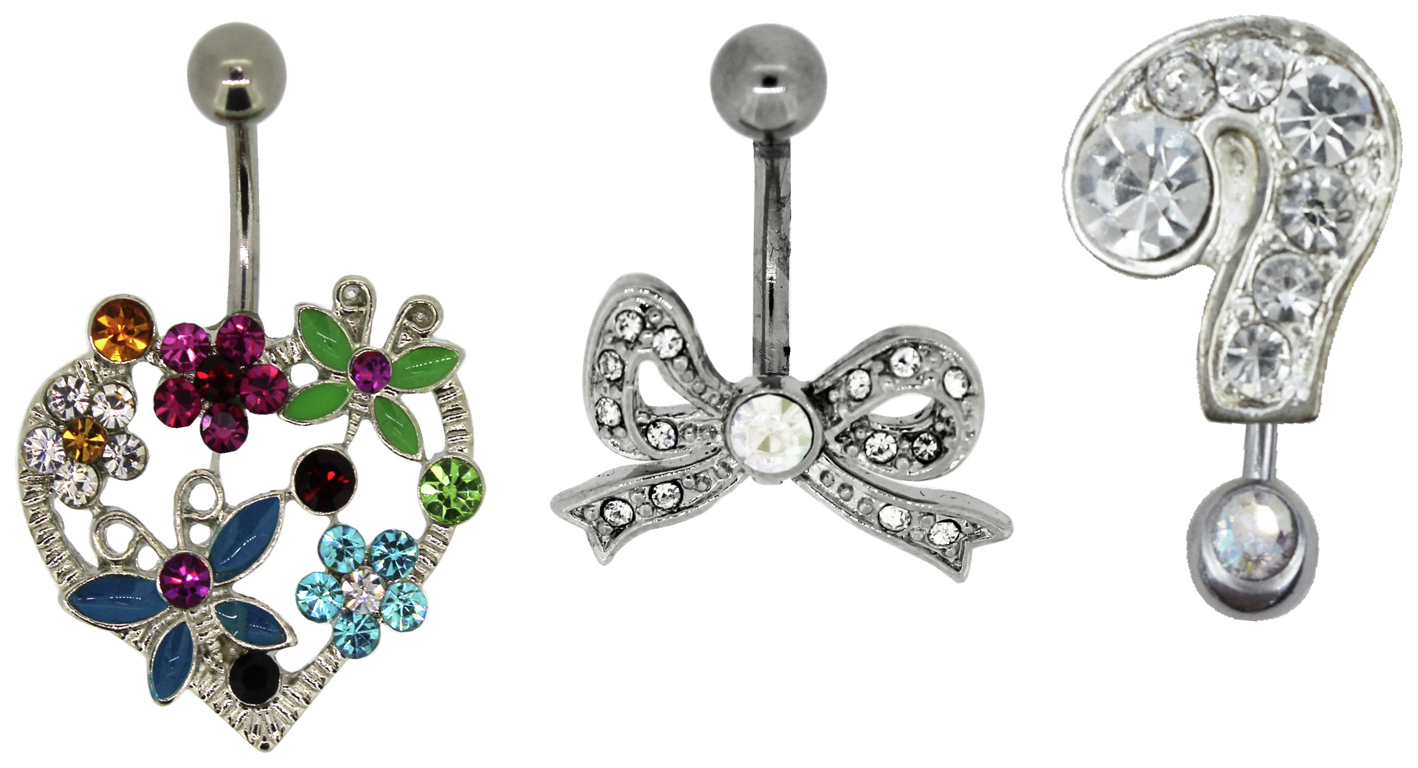 Link Up S.Steel Heart, Bow, Question Mark Crystal Belly Bars