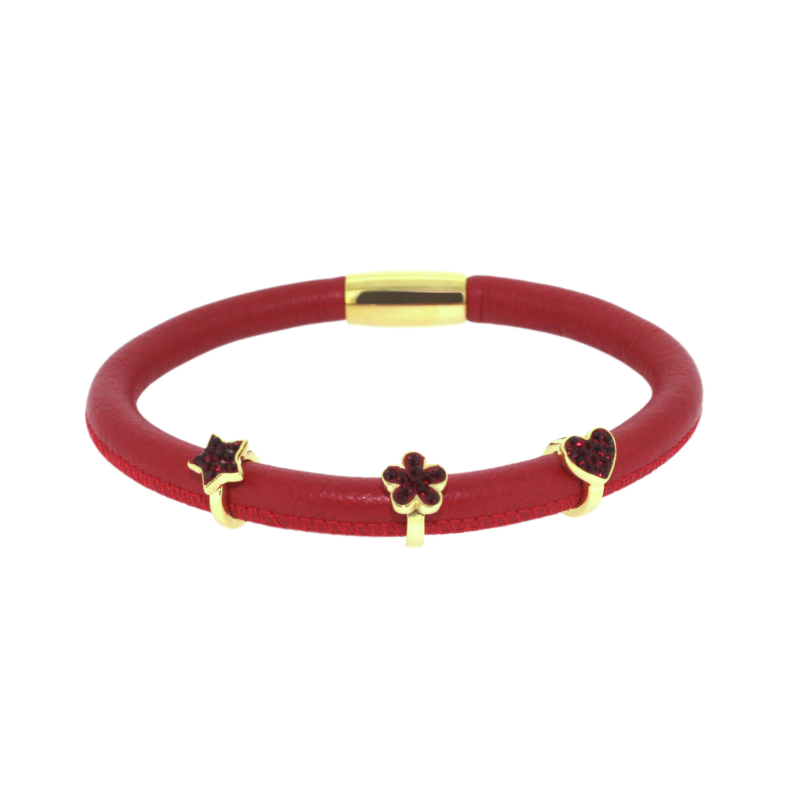 Link Up Single Row Red Leather Charm Bracelet.