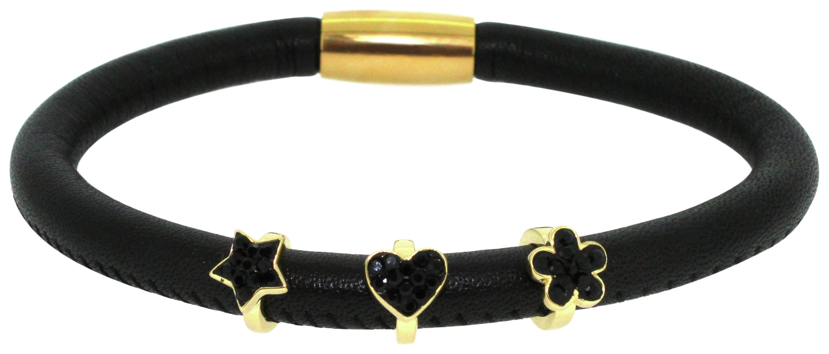 Link Up Single Row Black Leather Charm Bracelet