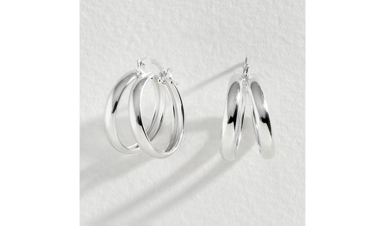 ELLE Lady's White Sterling Silver Medium Double Hoop Earrings