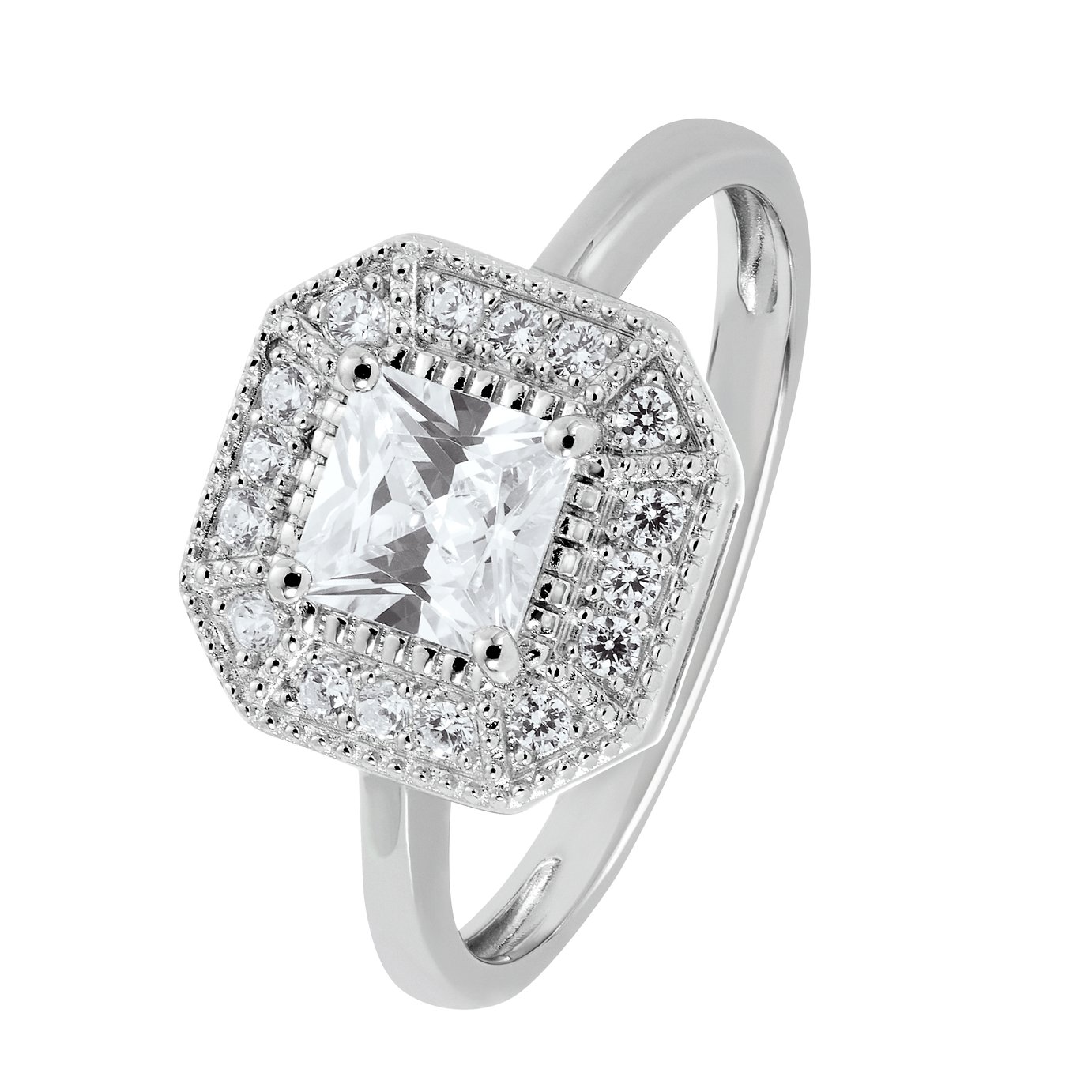 Revere Silver Vintage Square Cubic Zirconia Halo Ring - Q