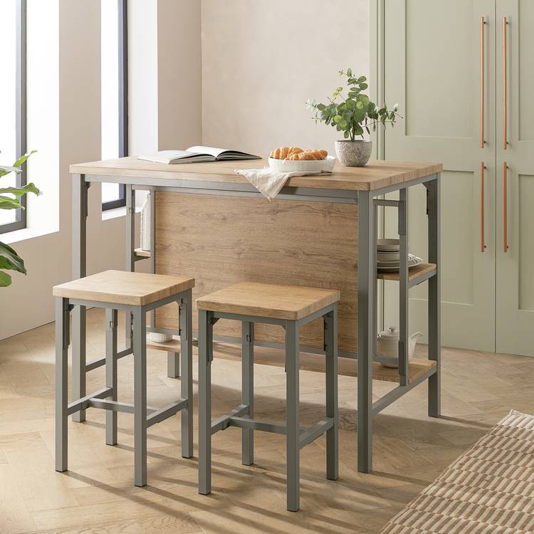 Argos Home Darien Grey Bar Table & 2 Oak Stools 0