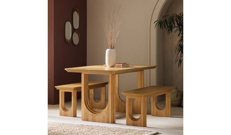 Habitat Trezy Solid Wood Effect Dining Table & 2 Oak Benches