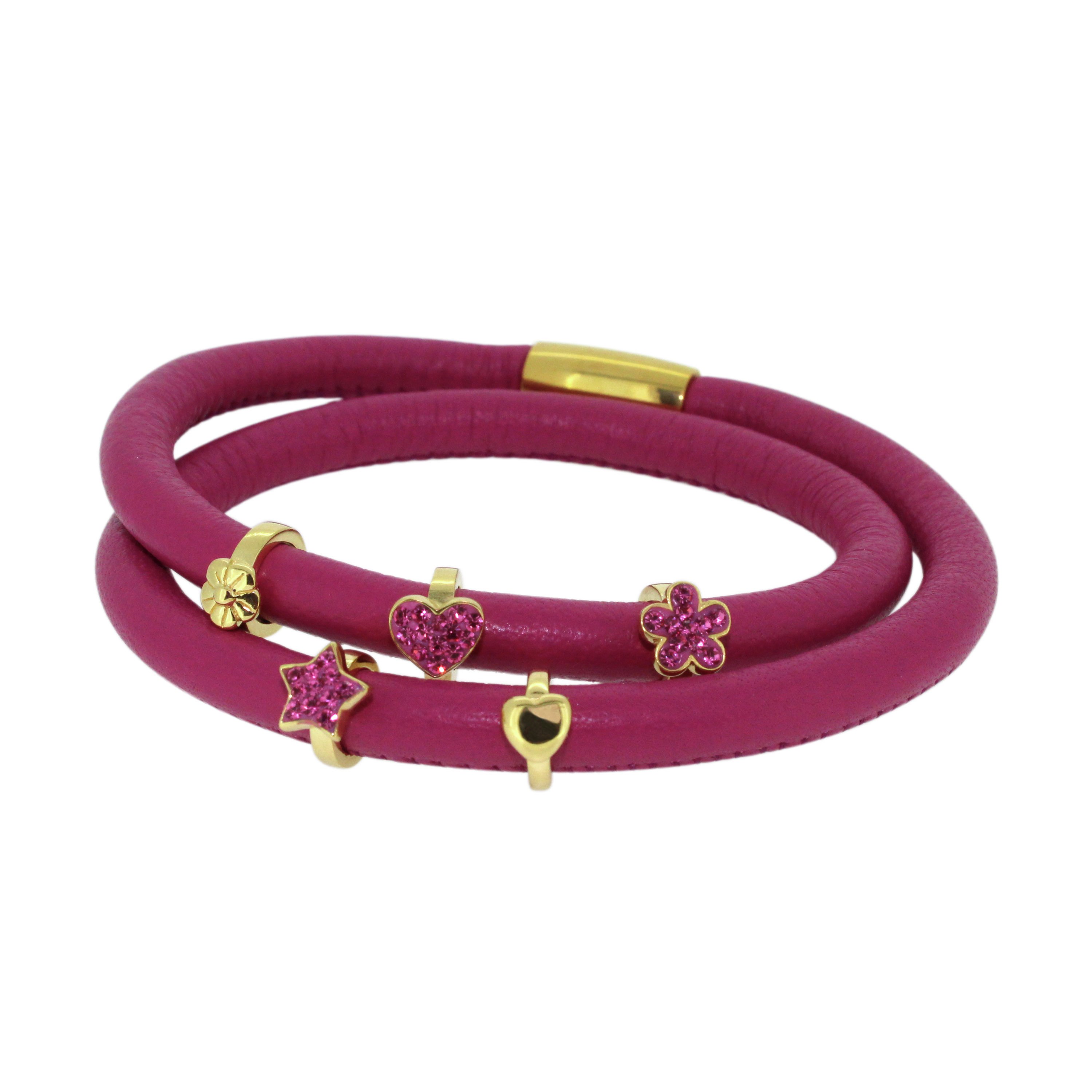 Link Up 2 Row Rose Pink Leather Cord Charm Bracelet.
