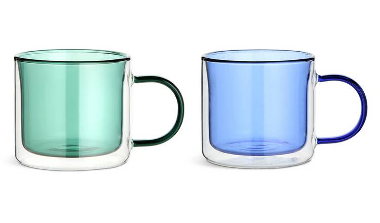 Habitat Double Walled Set of 2 Mugs - Blues & Green