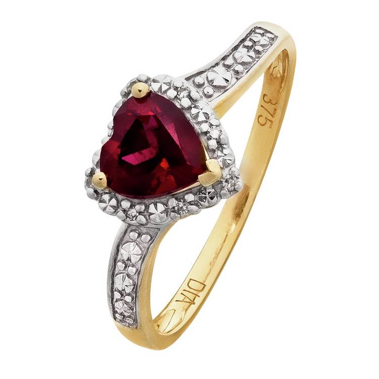 Revere 9ct Gold 0.02ct Diamond and Ruby Accent Heart Ring J 0