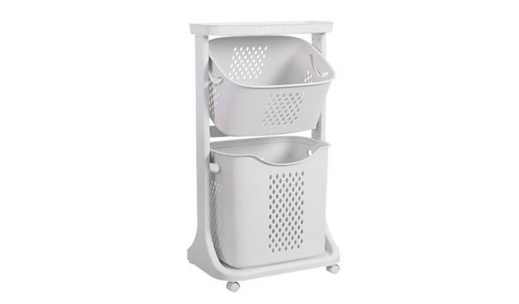 Living and Home 2 Tier Laundry Basket on Wheels - White