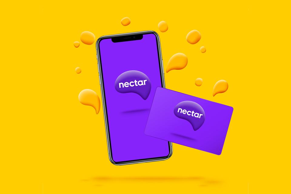 Image of phone and card with the purple Nectar logo, on a yellow background.