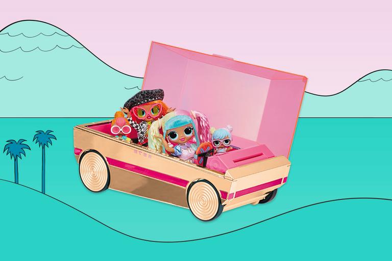 The LOL Surprise! and OMG fashion dolls ride in the LOL Surprise! 3-in-1 Party Cruiser Car.