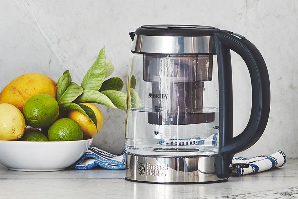 BRITA Russell Hobbs Purity Filter glass kettle on a kitchen worktop.
