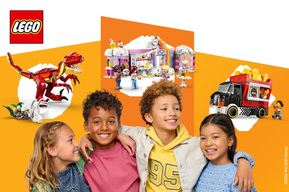 Children on an orange background with 3 LEGO® sets highlighted above them.