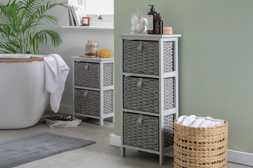 An Argos Home 2 and 3 drawer woven bathroom storage grey unit.