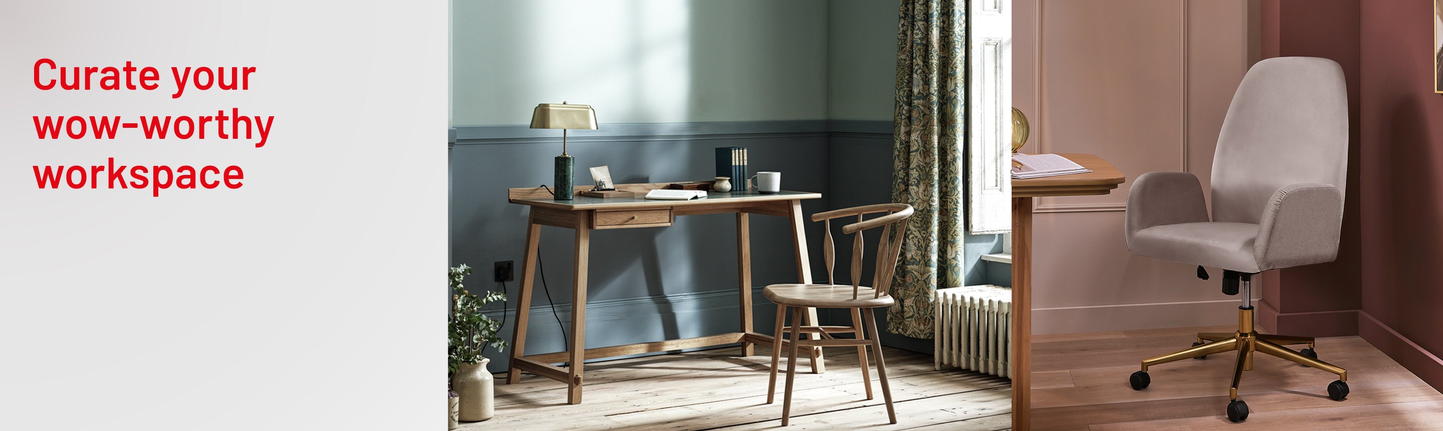 A spit image of Habitat x Morris & Co. Canterbury Oak Office Desk and Habitat Clarice Velvet Office Chair - Beige. 