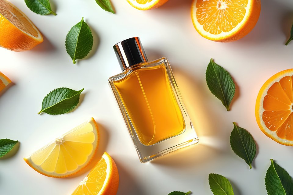 A room spray with fruity fragrance surrounded by oranges.