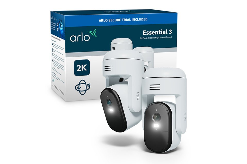 Two white Arlo Essential 3 2K pan-tilt zoom security cameras shown against a white background.