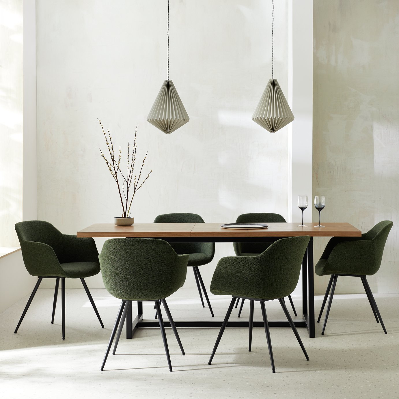 Habitat Nomad Extending Oak Dining Table & 6 Green Chairs
