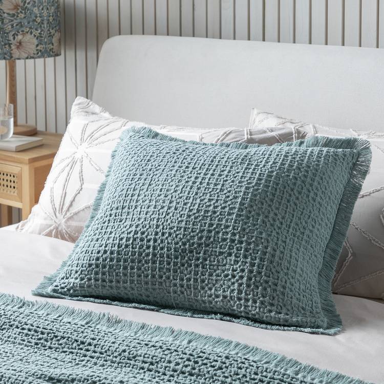 Habitat Waffle Frayed Cushion - Seafoam Green - 55x40cm 0