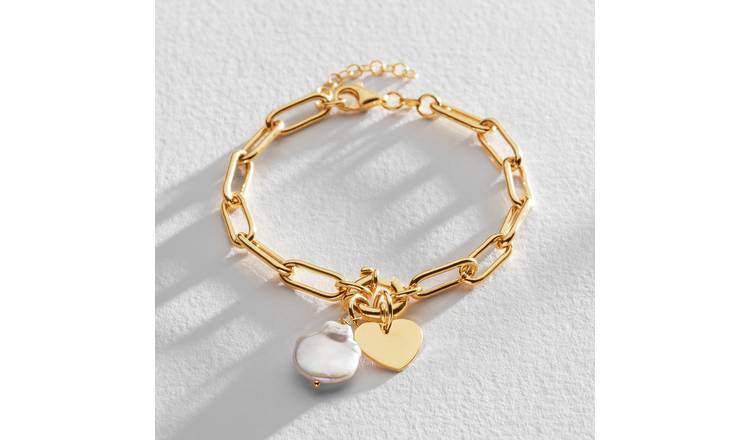 Buy Revere 9ct Gold Plated Heart and Baroque Pearl Link Bracelet