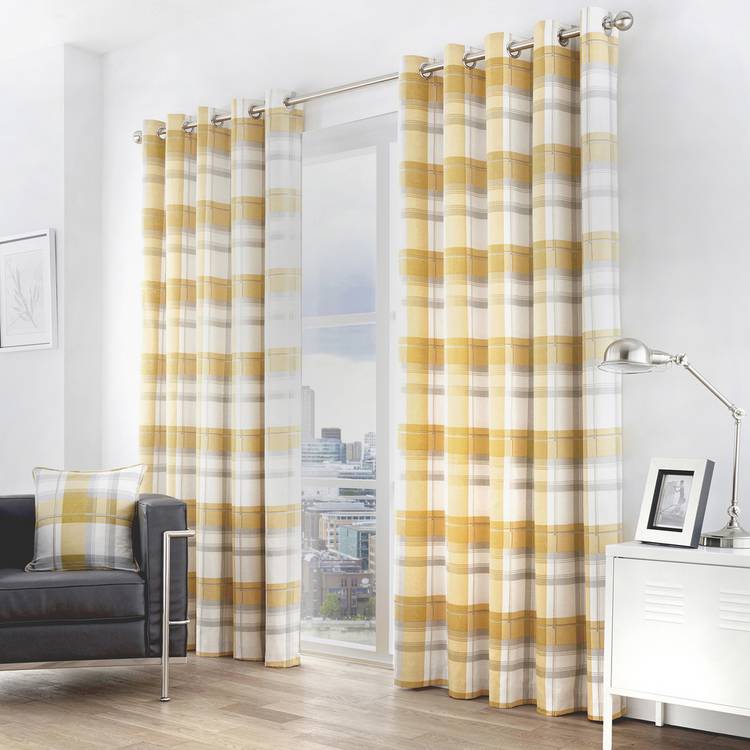 Fusion Balmoral Check Fully Lined Eyelet Curtains - Ochre 0