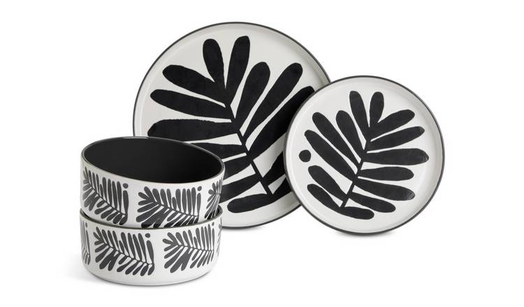 Habitat Leaf 12 Piece Stoneware Dinner Set - Black & White