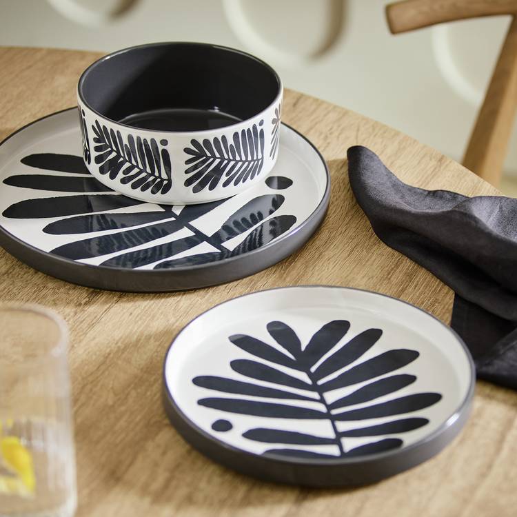 Habitat Leaf 12 Piece Stoneware Dinner Set - Black & White 0