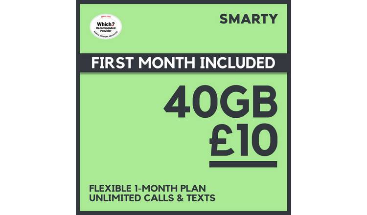 SMARTY 40GB Pre-loaded Pay As You Go SIM