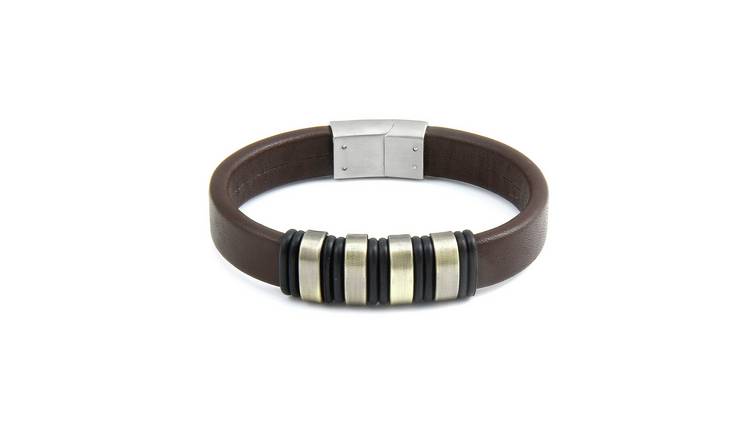 Revere Stainless Steel and Brown Leather Bracelet