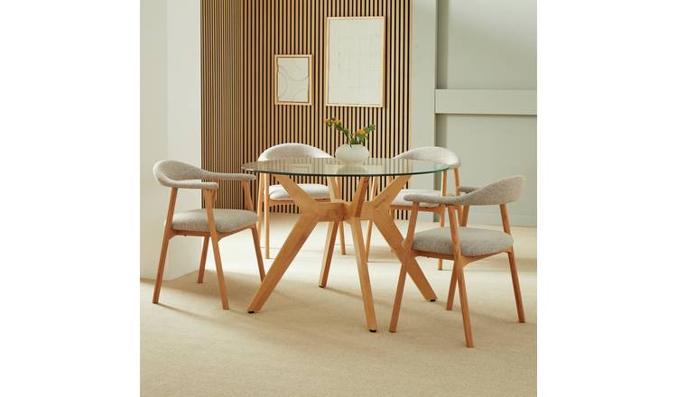 Habitat Zela Glass Round Dining Table & 4 Natural Lex Chairs