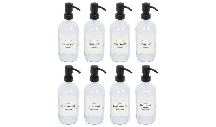 Harbour Housewares Soap Dispensers with Labels  - Clear/White - Set of 8