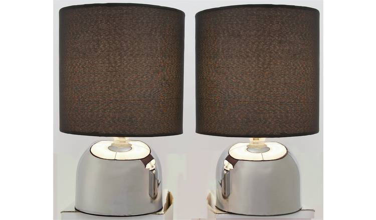 Pair Of Modern Chrome Touch Table Lamps with Black Shades 
