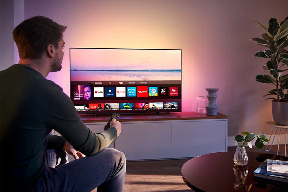 A person sitting in front of a smart TV.