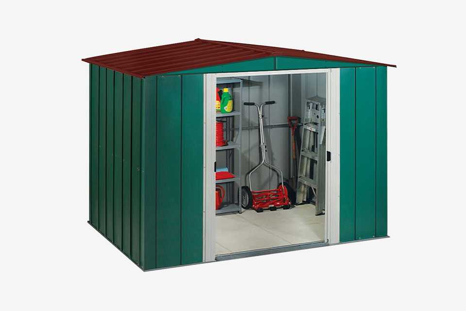 A green metal shed.