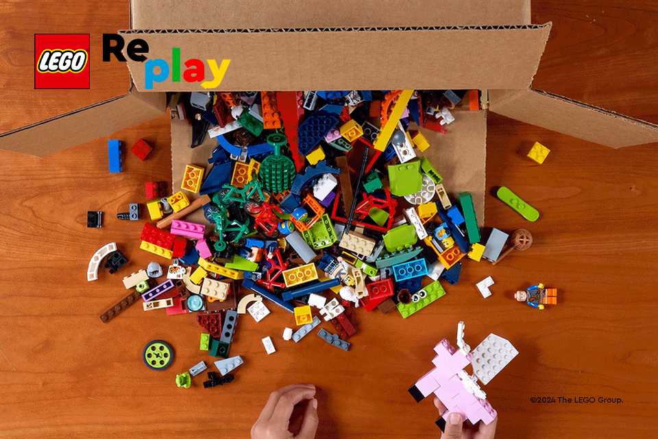 Box of random LEGO® bricks spilling on to the floor and a person making a new toy from the bricks, highlighting the LEGO Replay initiative.