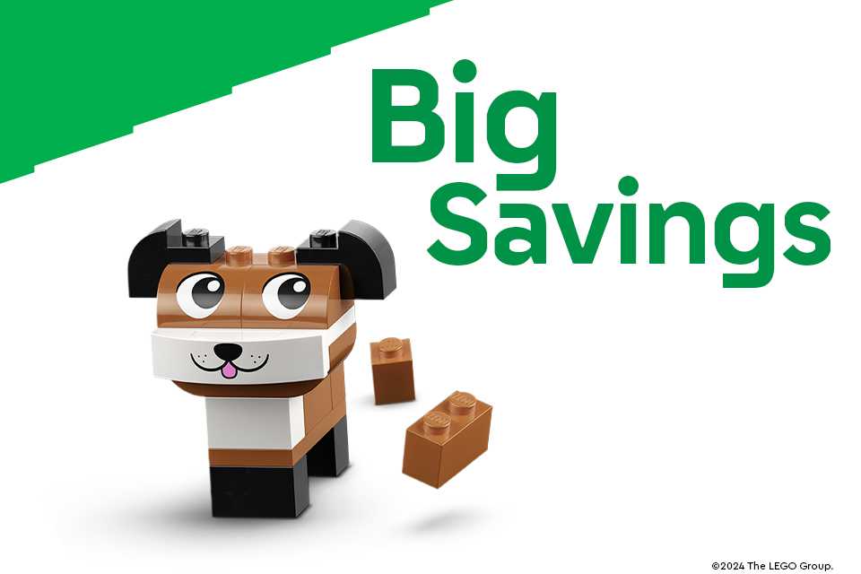 Dog made of LEGO® bricks underneath the words Big Savings on a white and green background