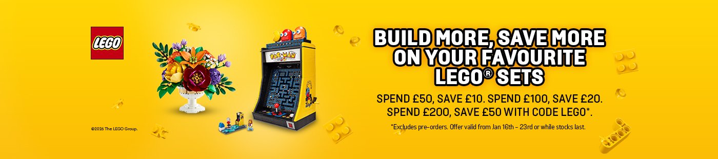LEGO®. Build more, save more on your favourite LEGO® sets. Spend £50, save £10. Spend £100, save £20. Spend £200, save £50 with code LEGO®.