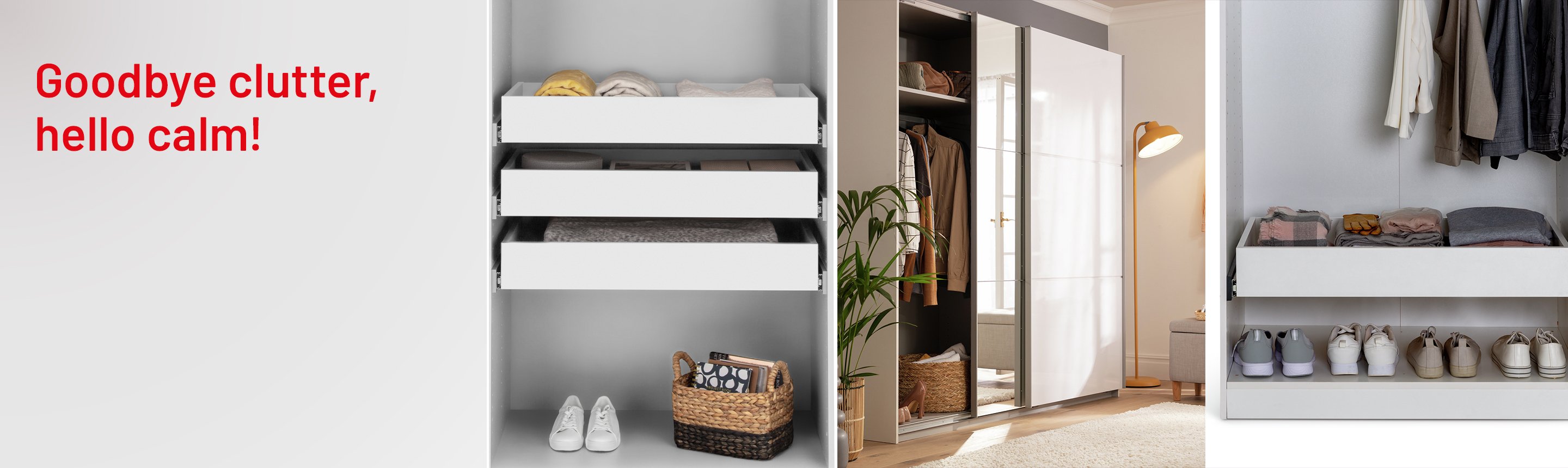 A split image of Habitat Munich Double White Internal Drawers, Habitat Holsted Mirror 200cm Sliding Wardrobe - White Gloss, Habitat Munich Double Internal Drawers.