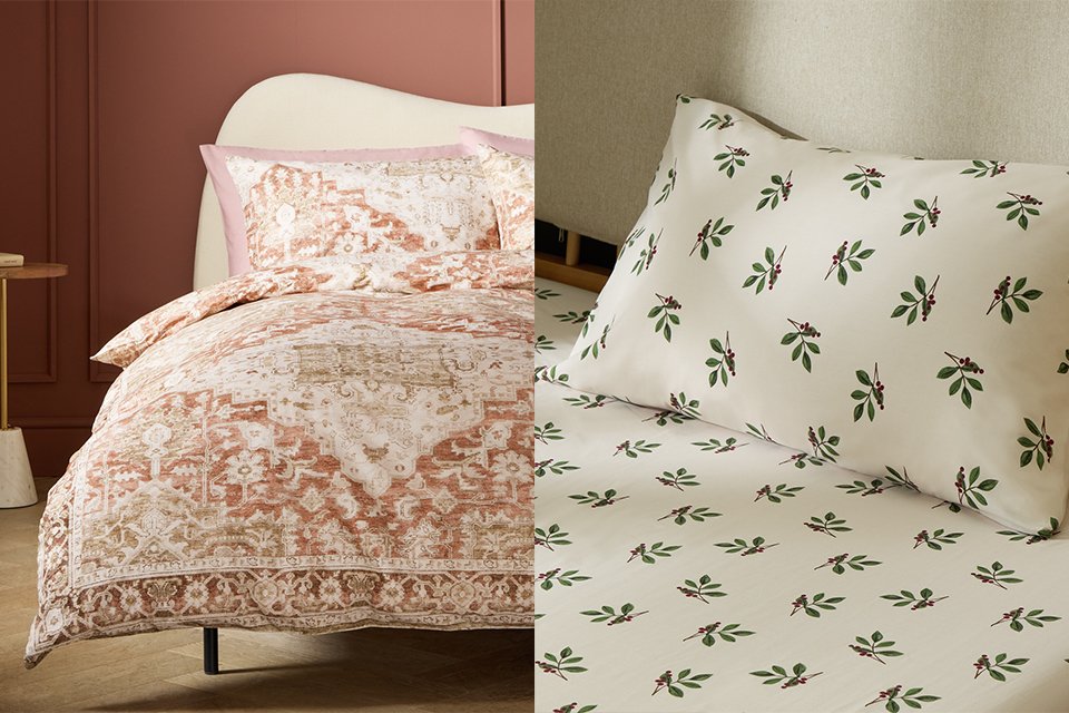 A collage featuring Habitat Vintage Rug Print Natural Bedding Set - Single and Argos Home Foliage Printed Standard Pillowcase Pair - Cream.