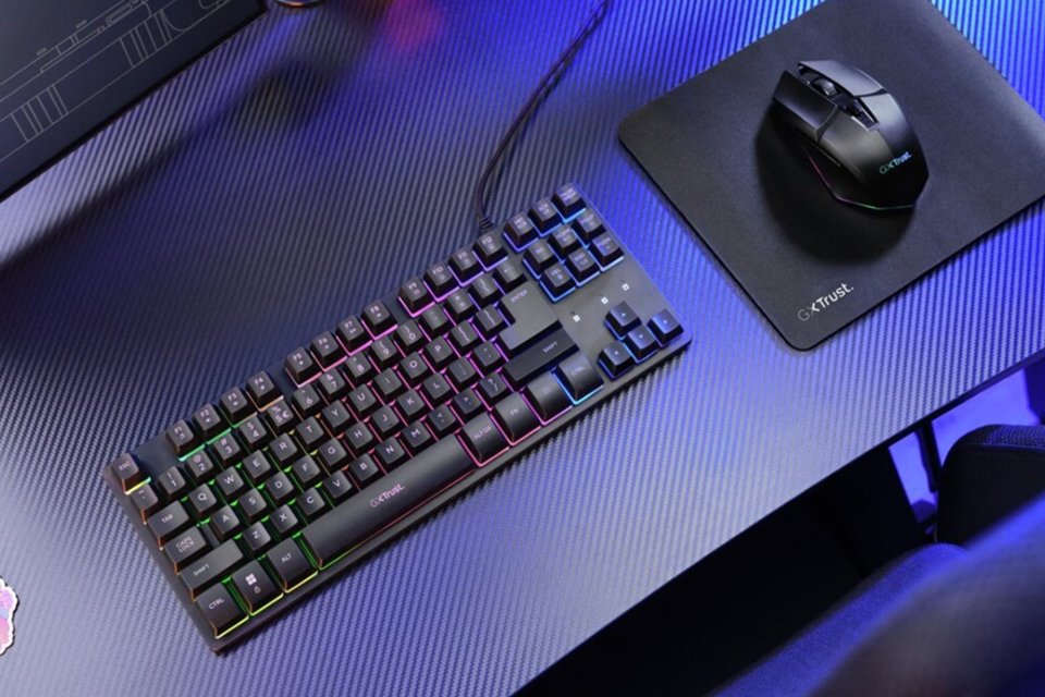 A gaming keyboard and a gaming mouse on a table.